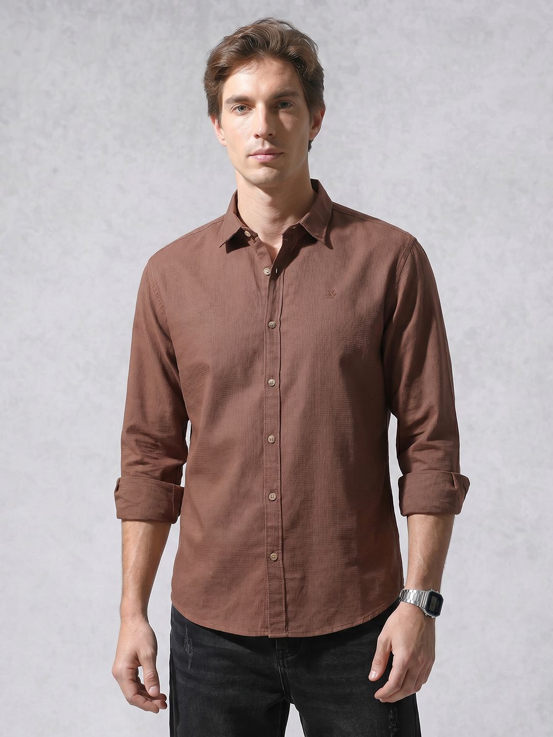 WROGN Textured Spread Collar Pure Cotton Casual Shirt
