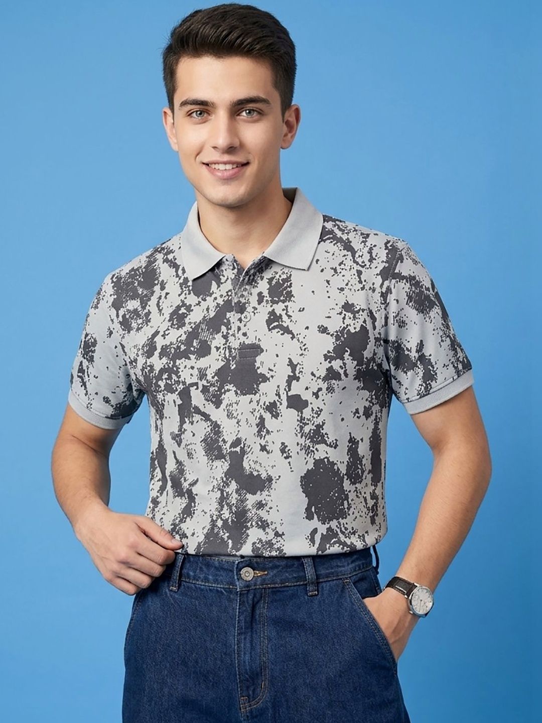 CLOUD COTTON Men Printed Polo Collar T-shirt