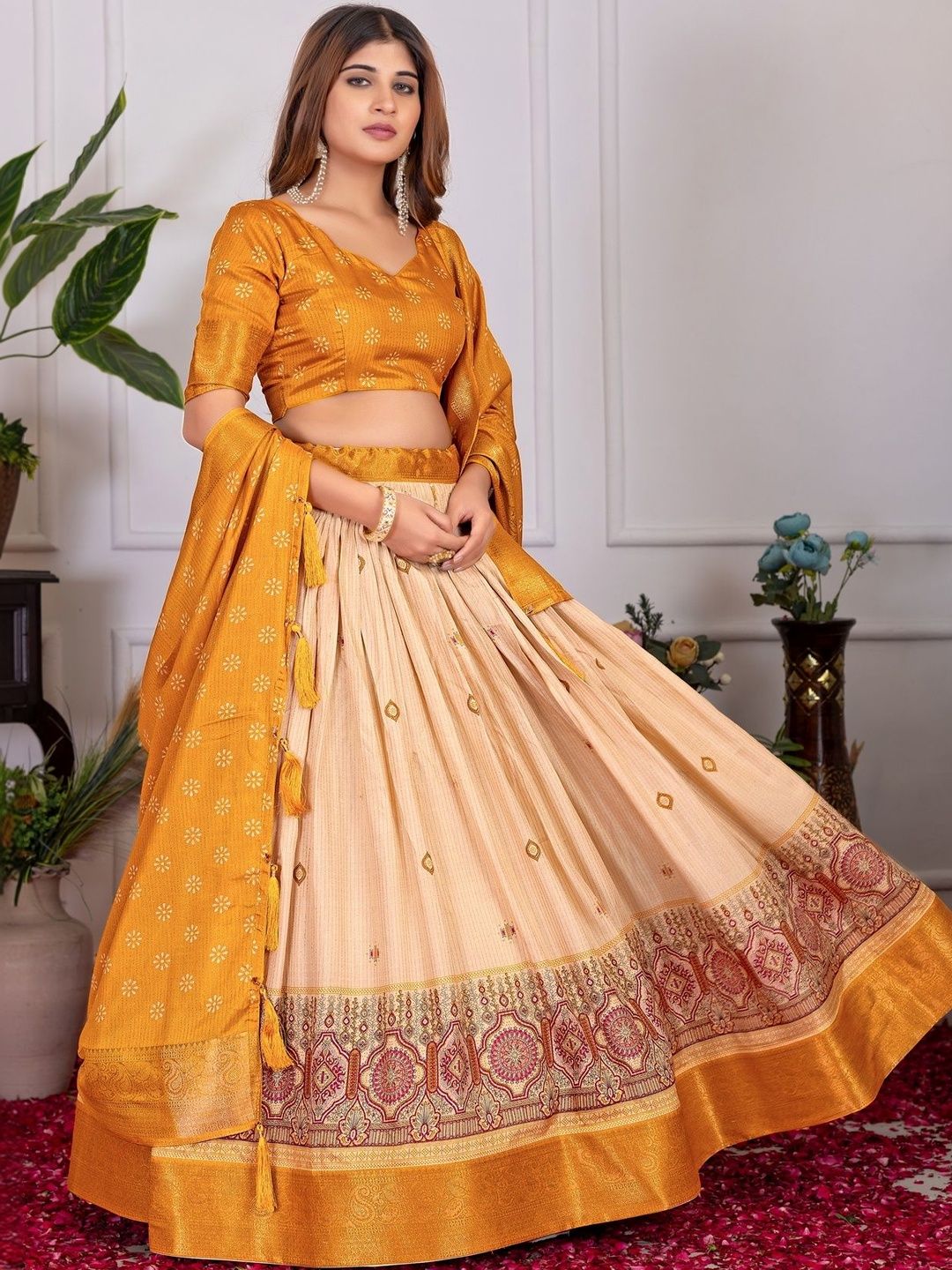 House of Pataudi Printed Boat Neck Flared Lehenga Choli