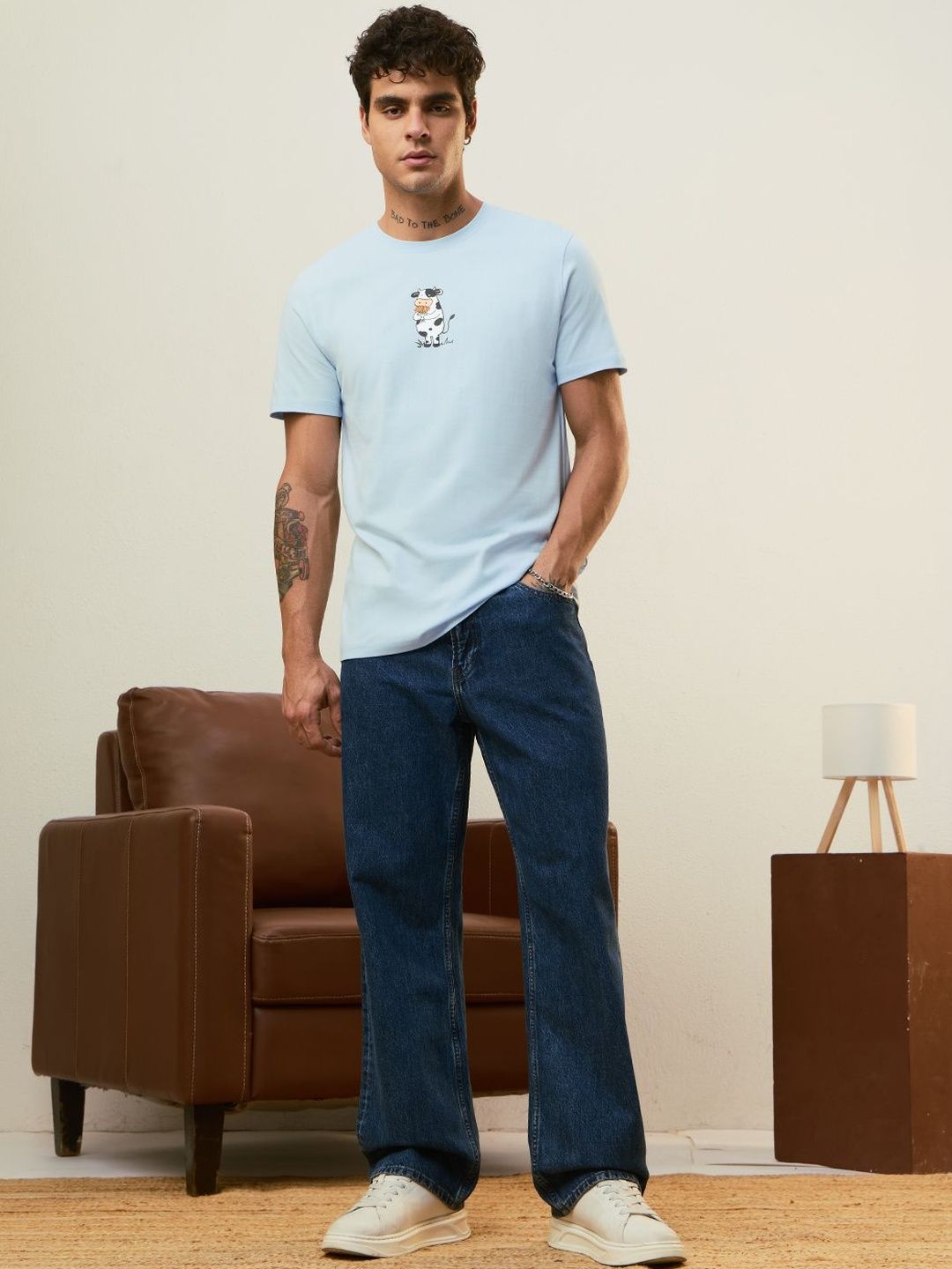 The Souled Store Men Regular Fit Puff Print Blue T-Shirts