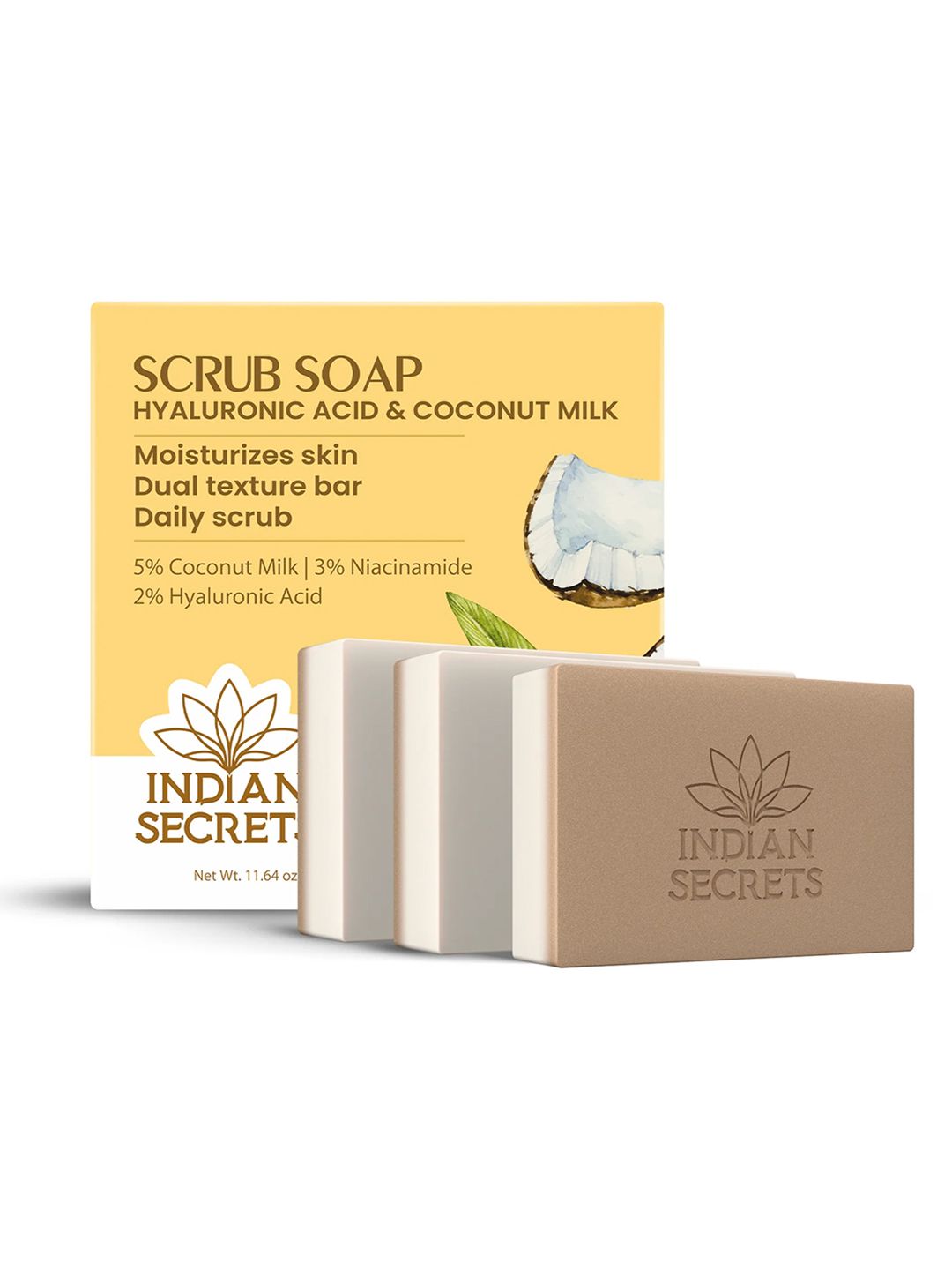 Indian Secrets Set Of 3 Scrub Soap With Hyaluronic Acid & Coconut Milk - 110 g Each