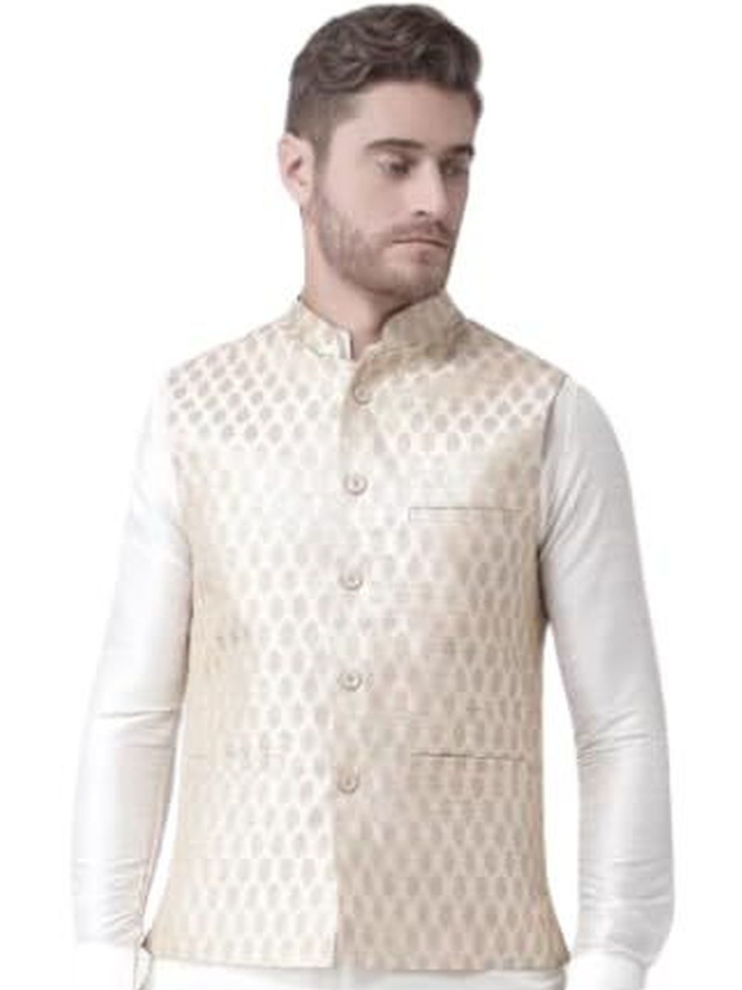 KUTUB FASHION Men Printed Mandarin Collar Woven Nehru Jackets