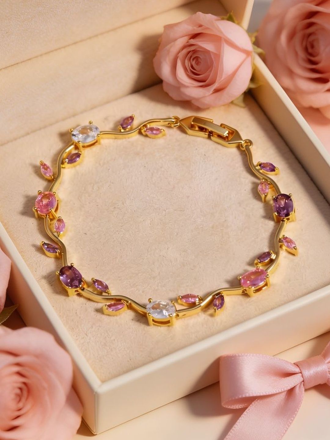 VS Unique Collection Anti Tarnish Multi Crystal Stones Floral Tulip Bracelet