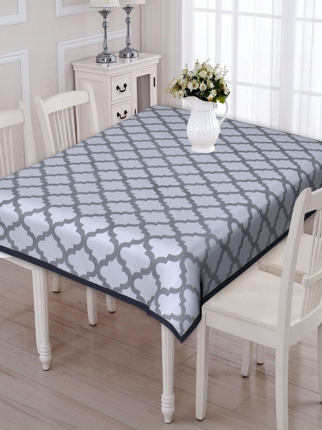 Texstylers Grey Geometric Printed Anti-Slip Cotton 4-Seater Table Cover