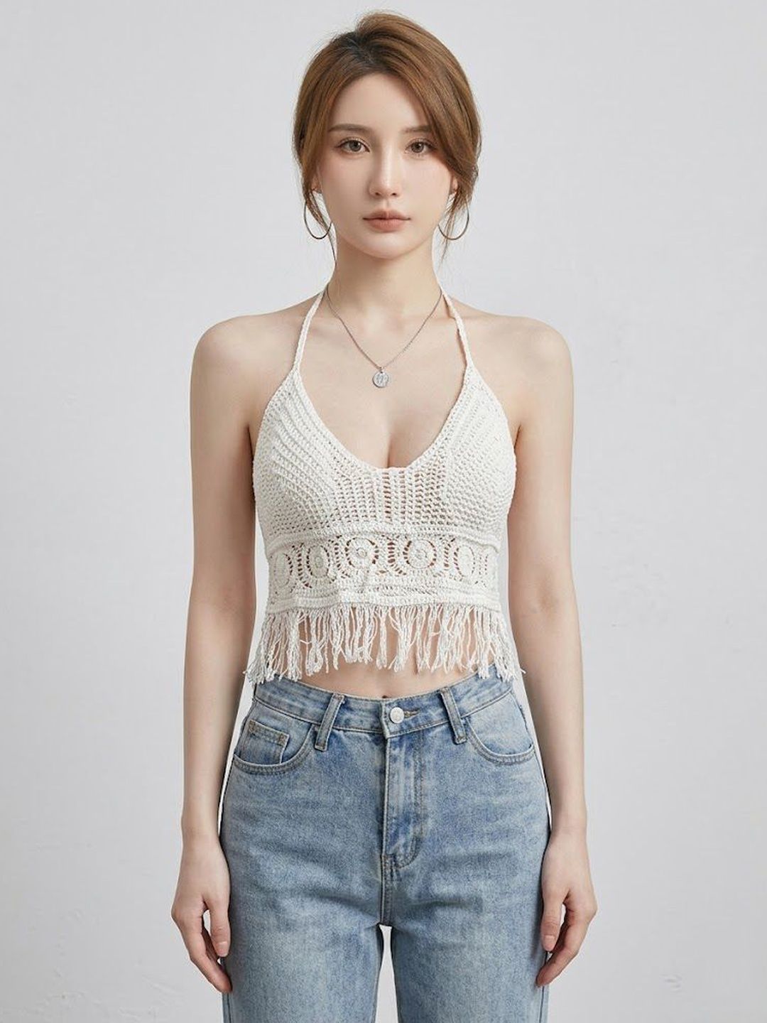 Suo Suo Halter Neck Fringed Bohemian Cotton Bralette Crop Top
