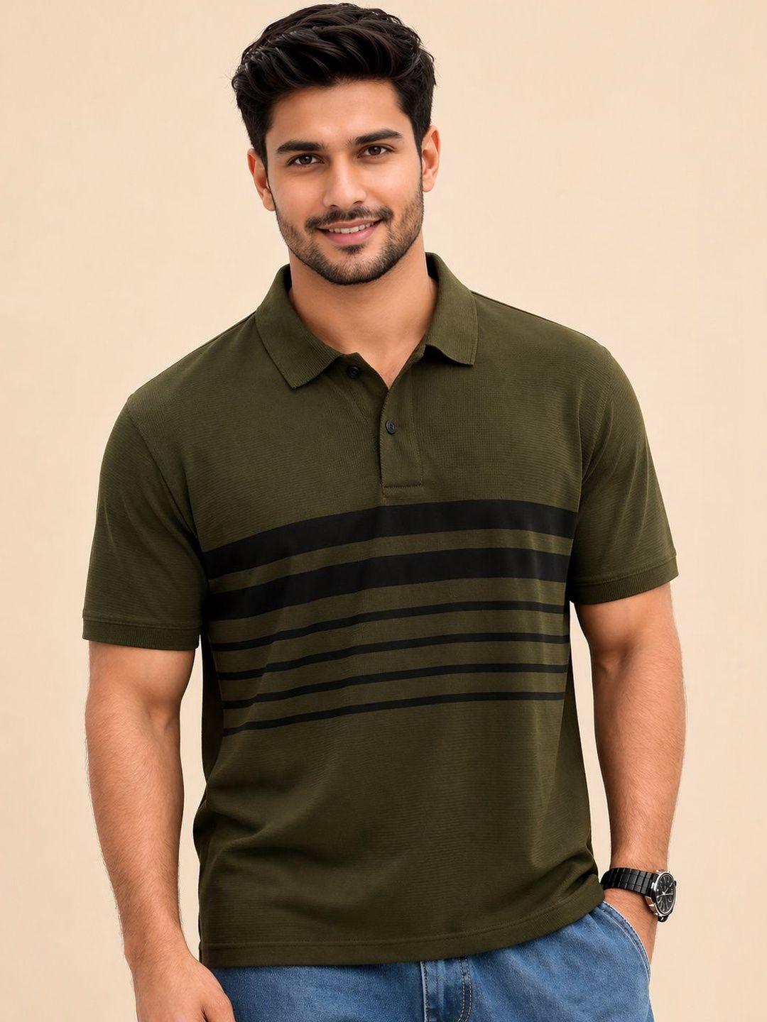 HERE&NOW Striped Polo Collar T-shirt