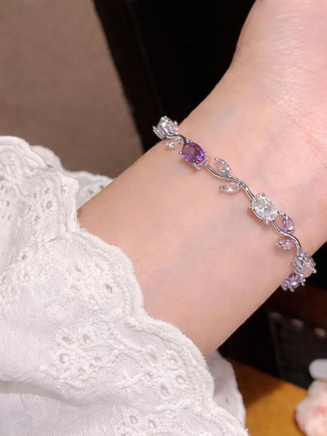 VS Unique Collection Silver Anti Tarnish Multi Crystal Stones Floral Tulip Bracelet