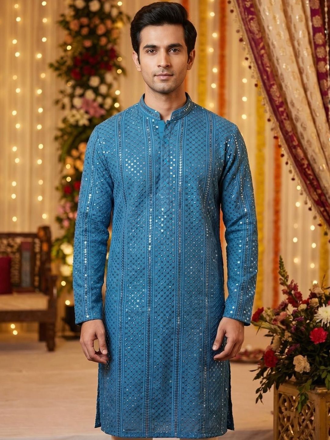 INDIROOP Men Embellished Sequinned Kurta