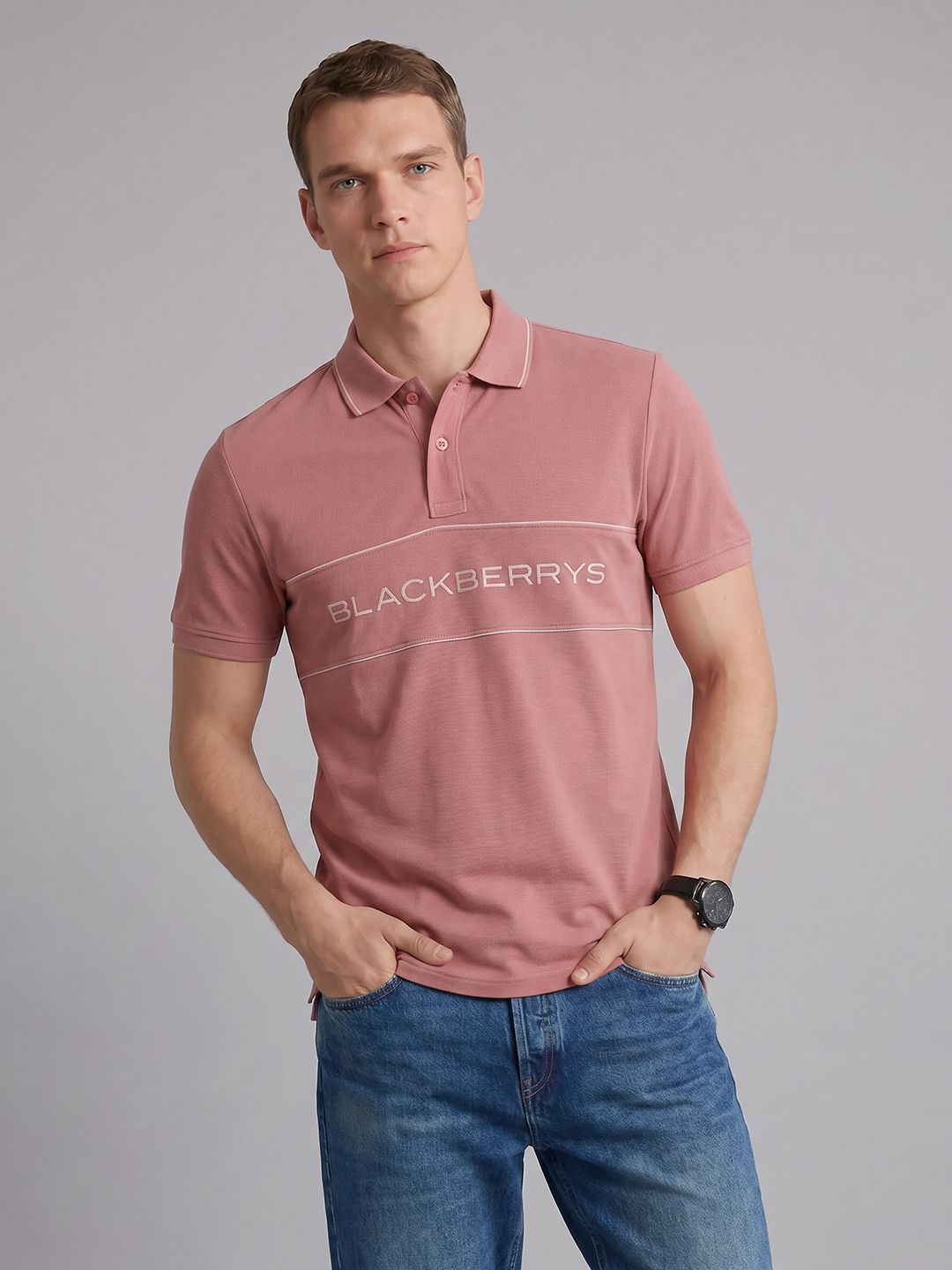 Blackberrys Brand Logo Printed Polo Collar Casual T-shirt