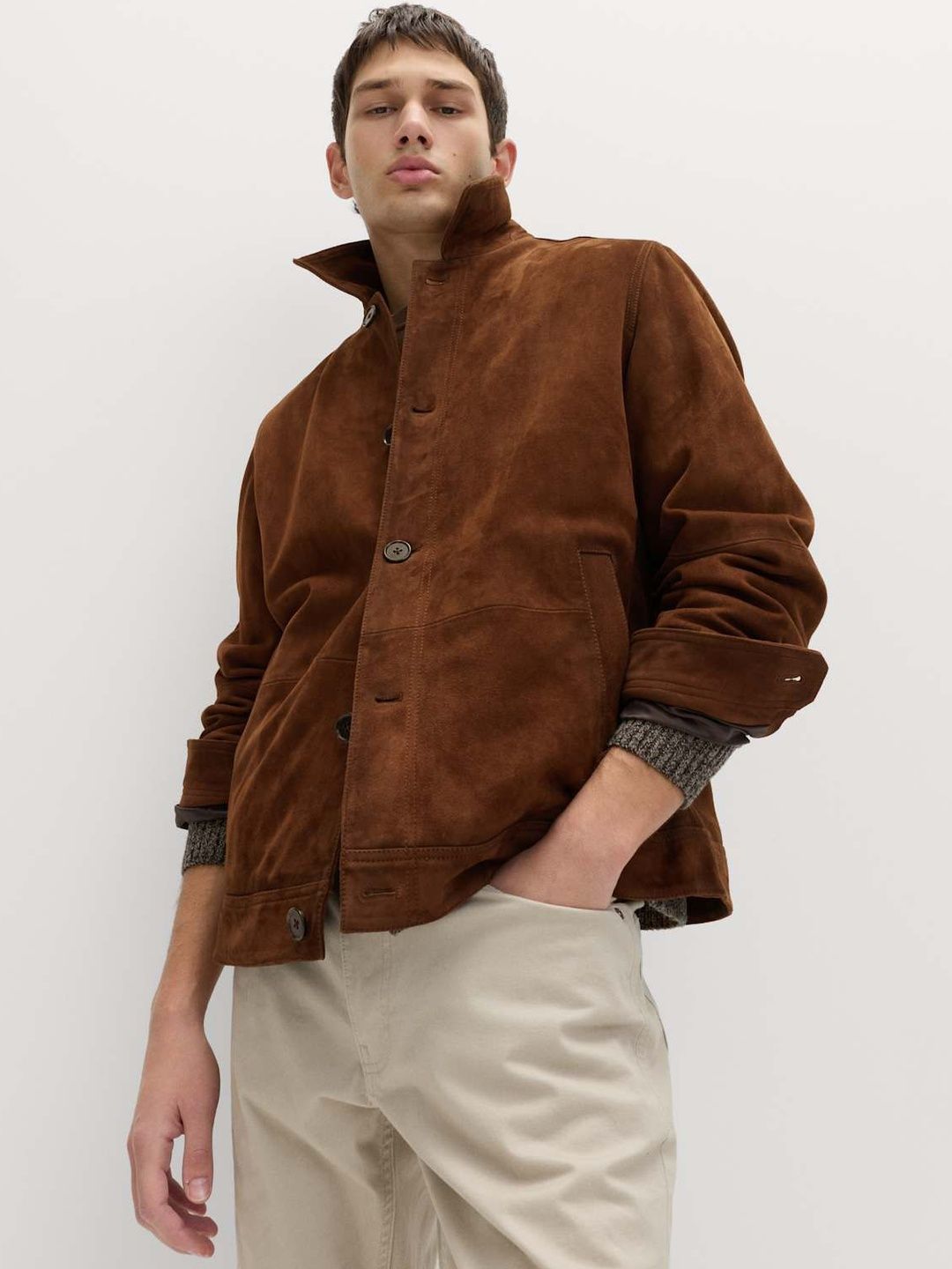 Marks & Spencer Solid Brown Leather Mens Regular Fit Burnished Suede Jacket