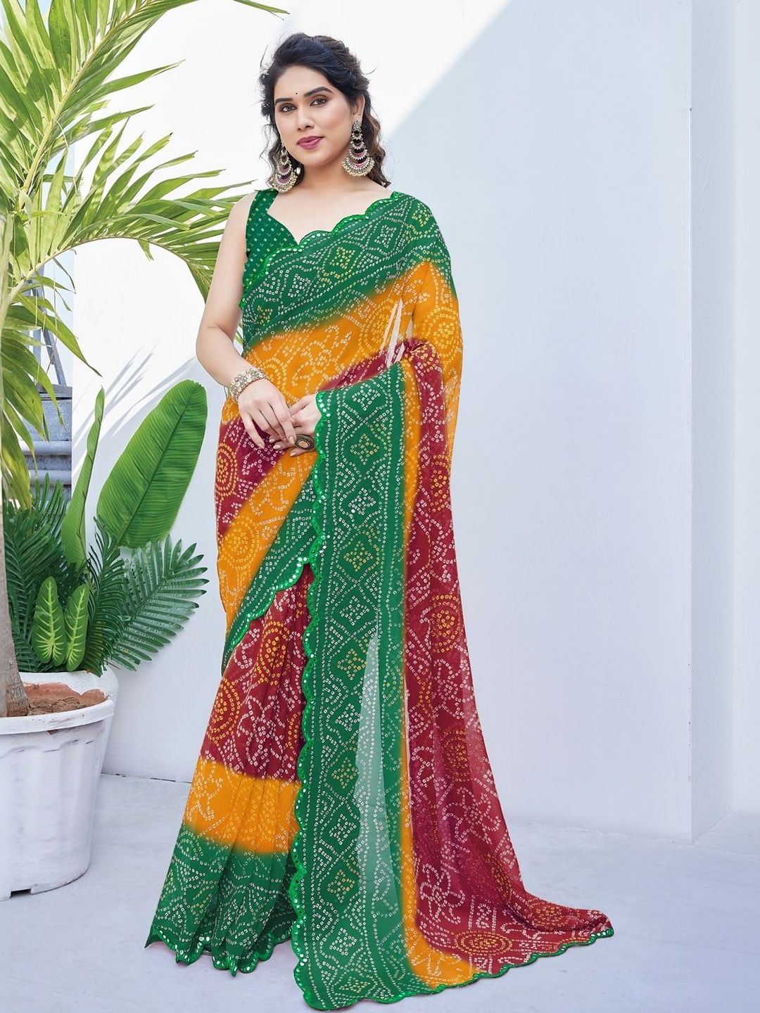 Subham Subham Bandhani Mirror Work Poly Georgette Bandhani Saree