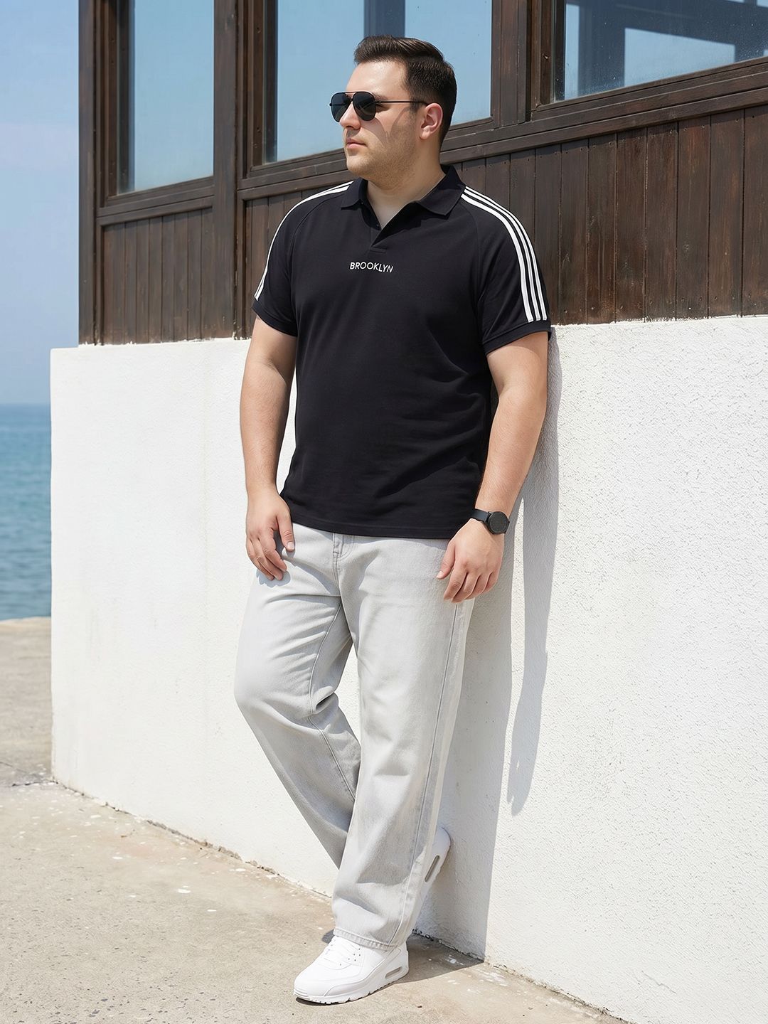 Sztori Plus Size Striped Polo Collar Pure Cotton T-shirt
