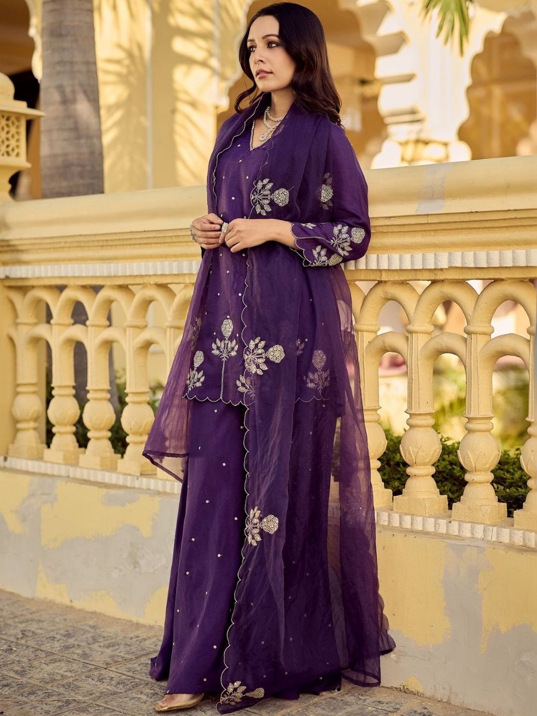 strapless open back dress Lilac embroidered sharara set