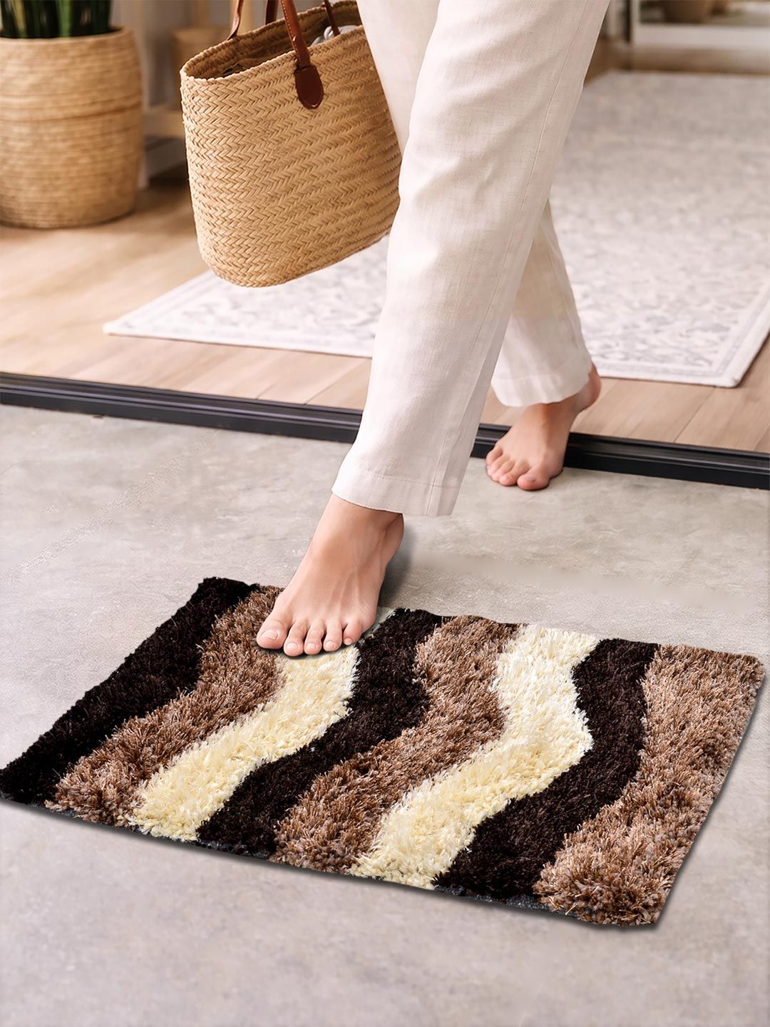 FABINALIV FABINALIV Brown & Cream Coloured Abstract Anti-Skid Doormat