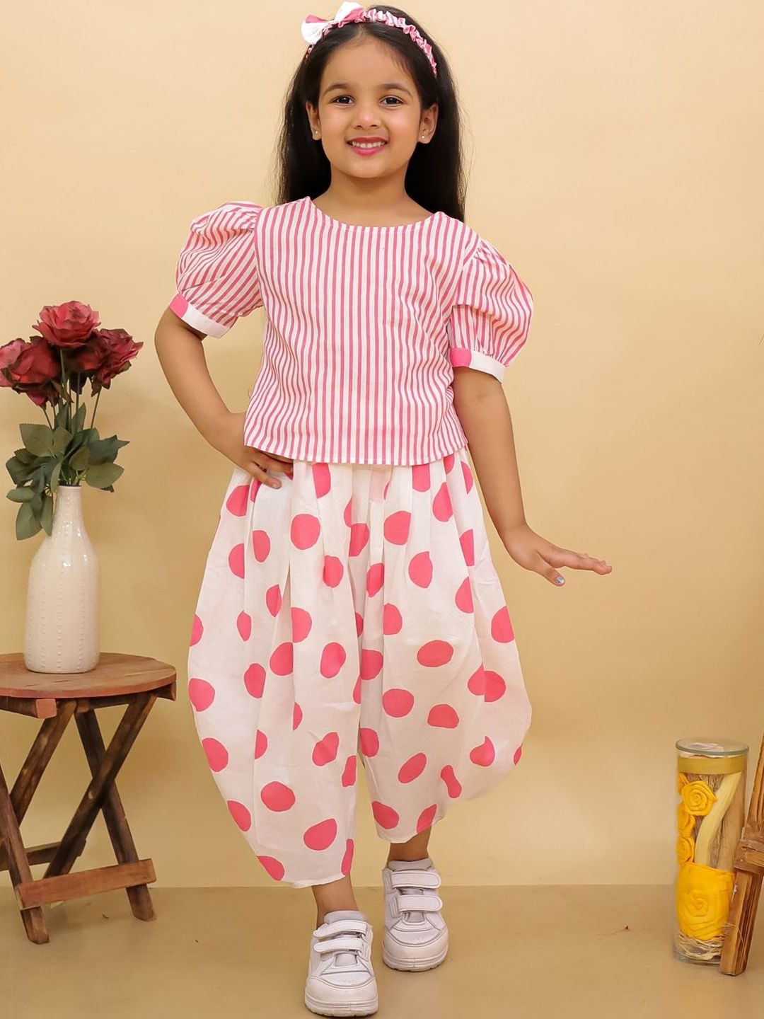 BownBee Girls Striped Top with Dhoti Pants