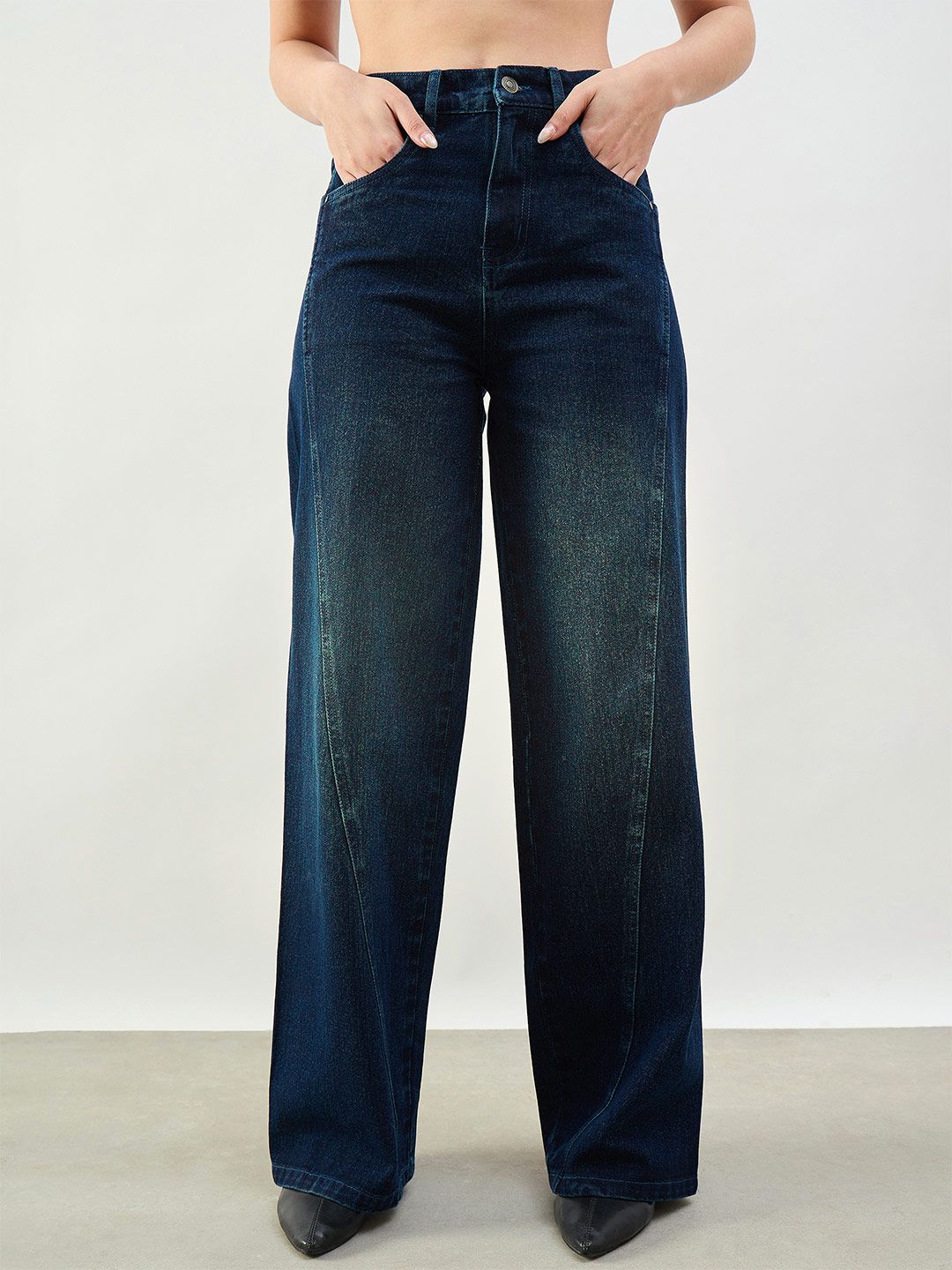 Buy SASSAFRAS BASICS Women Wide Leg High-Rise Clean Look Acid Wash