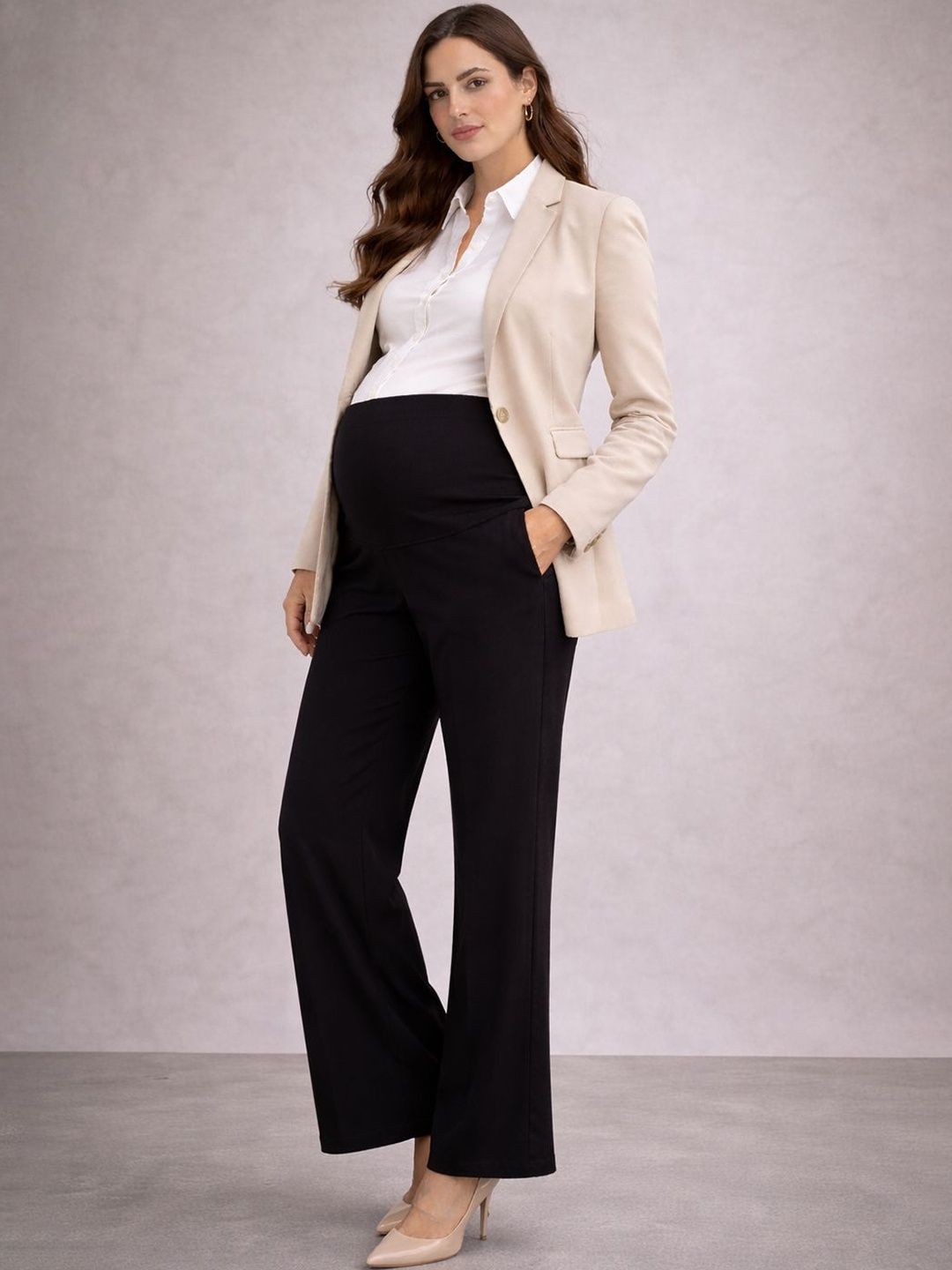 MomToBe Women Relaxed Straight Leg High-Rise Maternity Zip Trousers