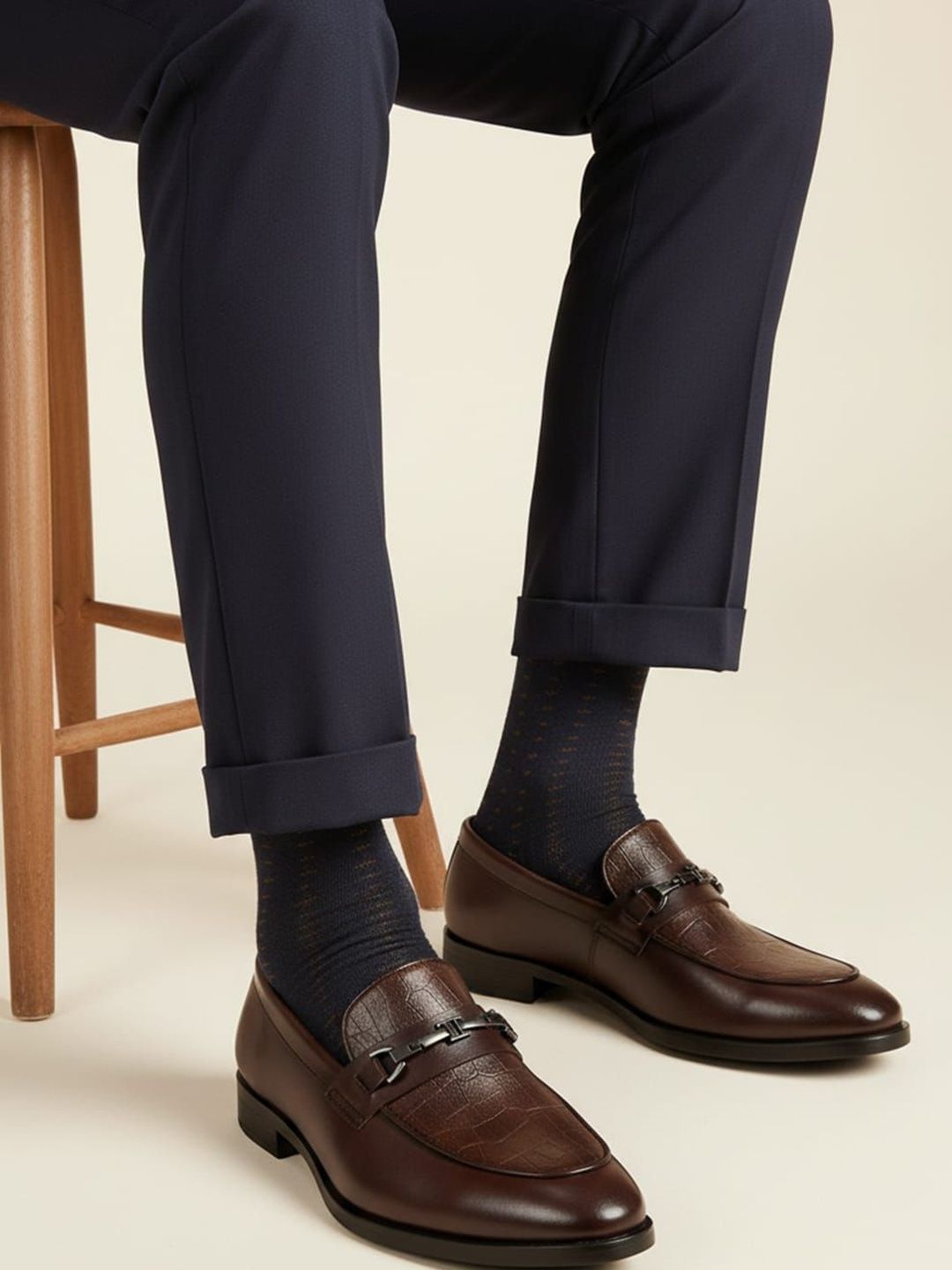 House of Pataudi Men Textured Round Toe Slip-On Loafers Formal Shoes