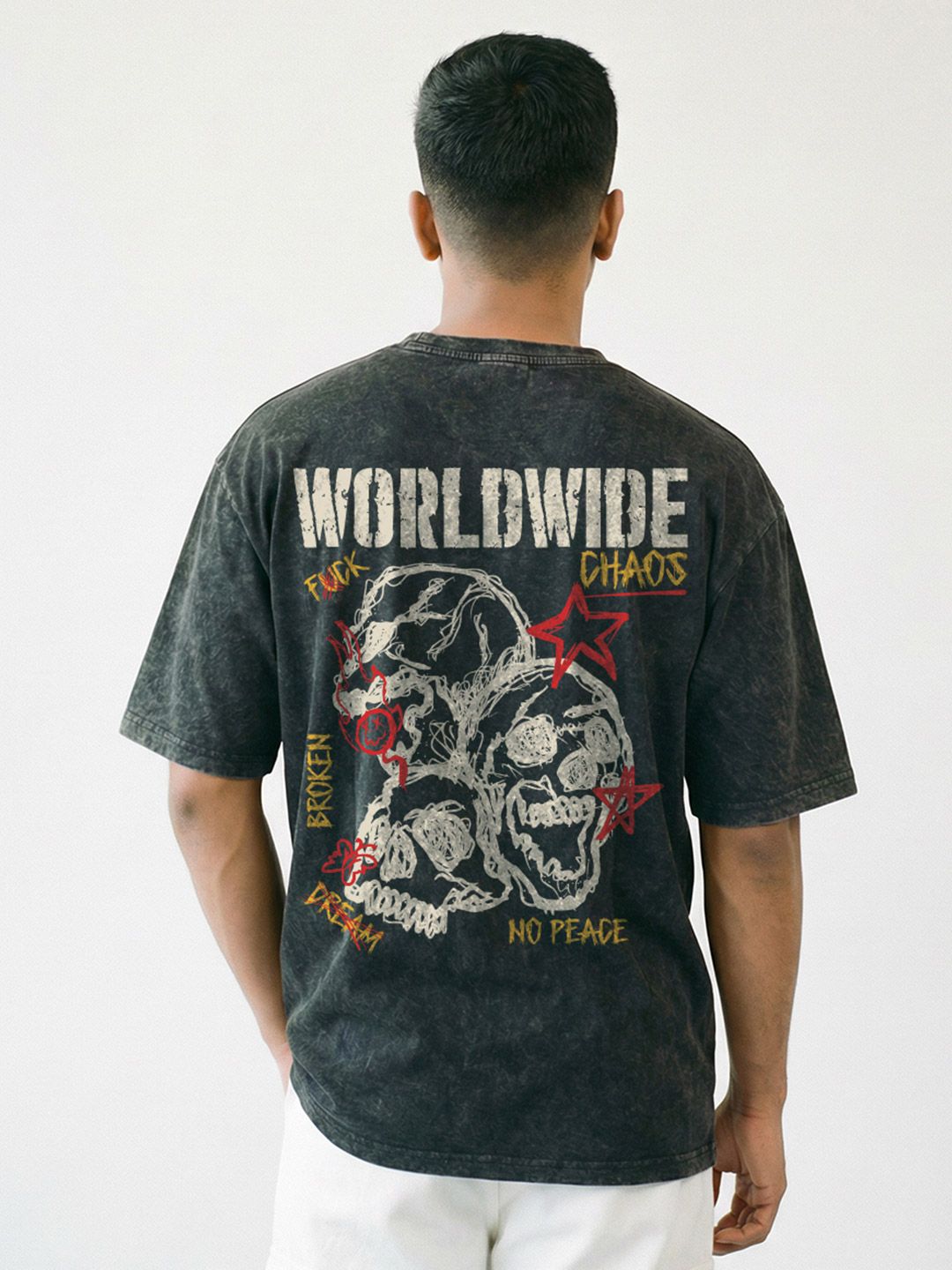 Crazymonk Worldwide Chaos Graphic Printed Short Sleeves Cotton Oversized Acidwash T-shirt