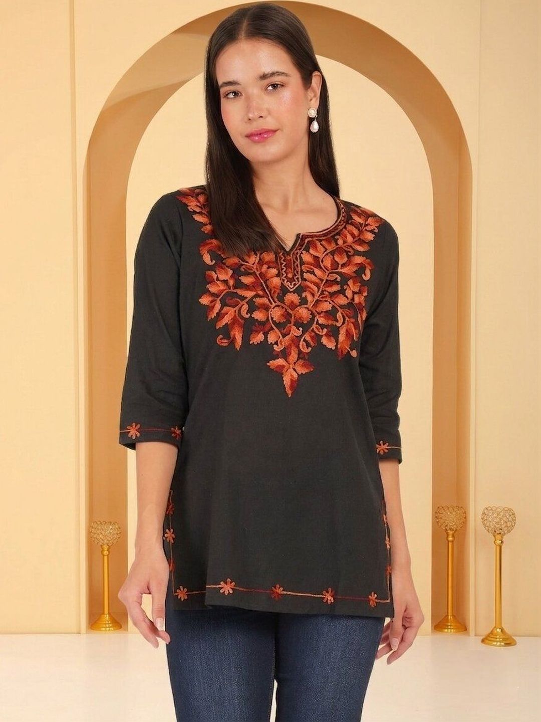 Anouk Rustic Ethnic Motifs Embroidered V-Neck Thread Work Pure Cotton Thread Work Kurti