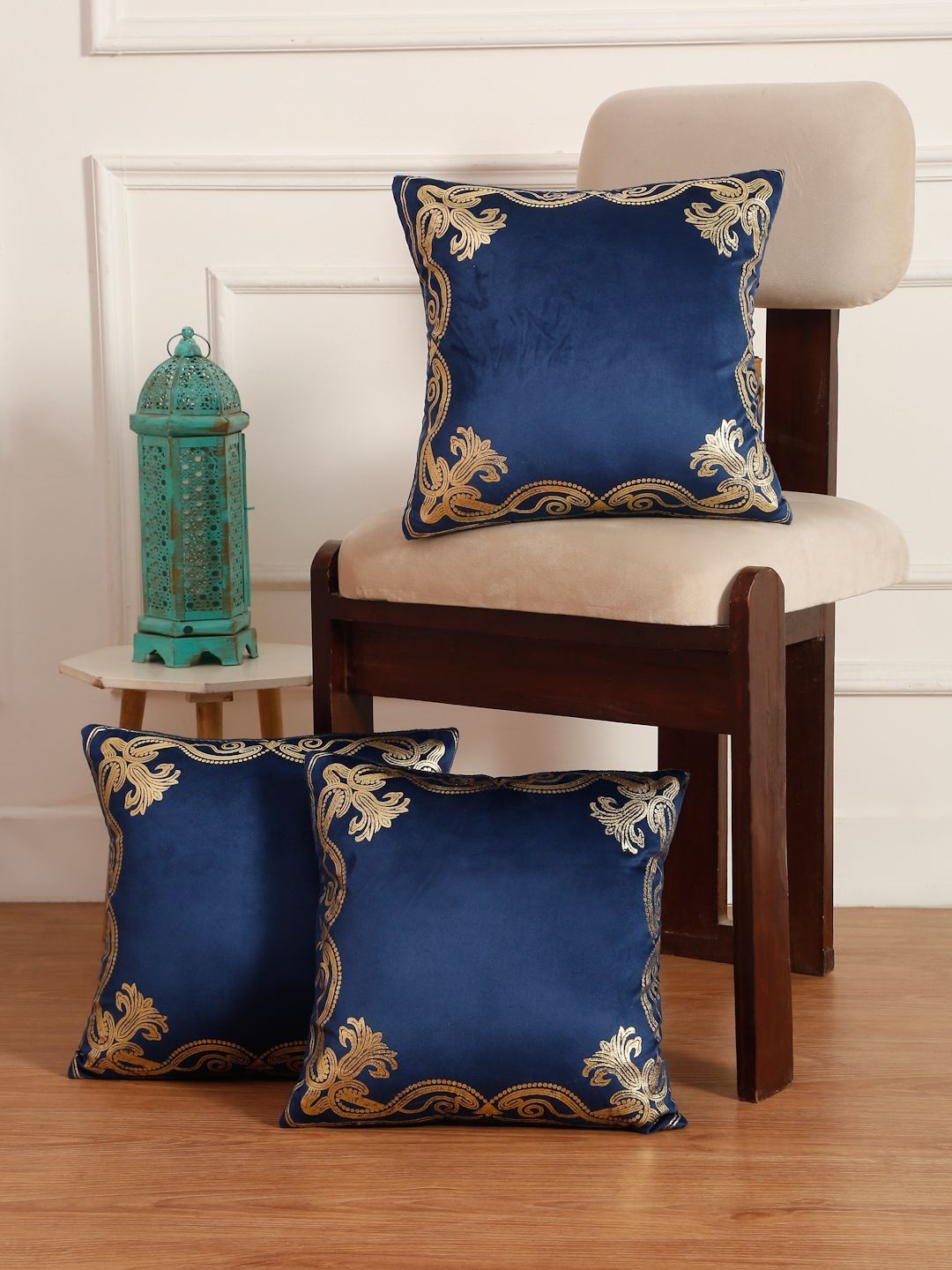 SOKNACK Blue Set of 3 Embroidered Velvet Square Cushion Covers