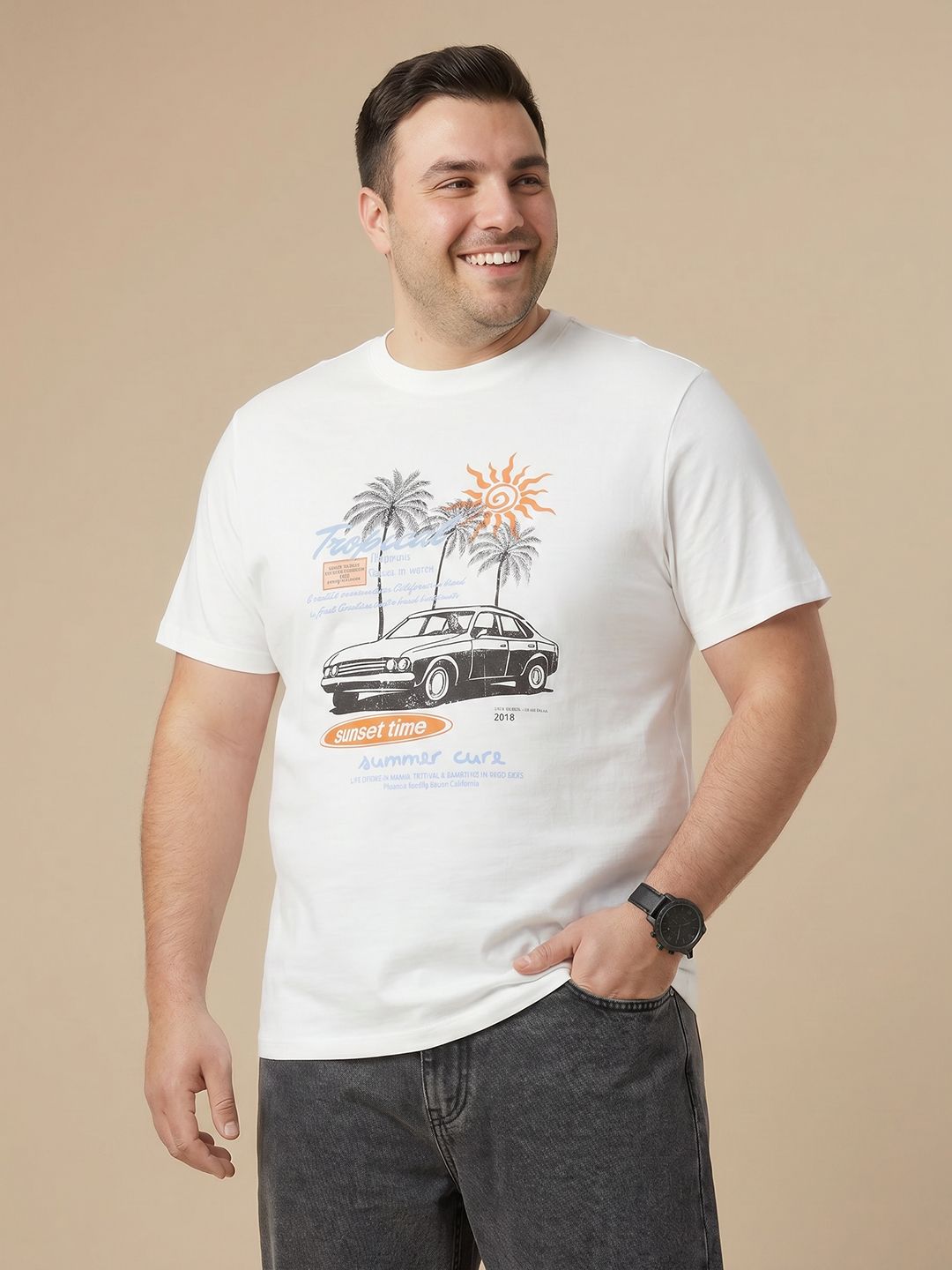 Sztori Plus Size Graphic Printed Pure Cotton T-shirt