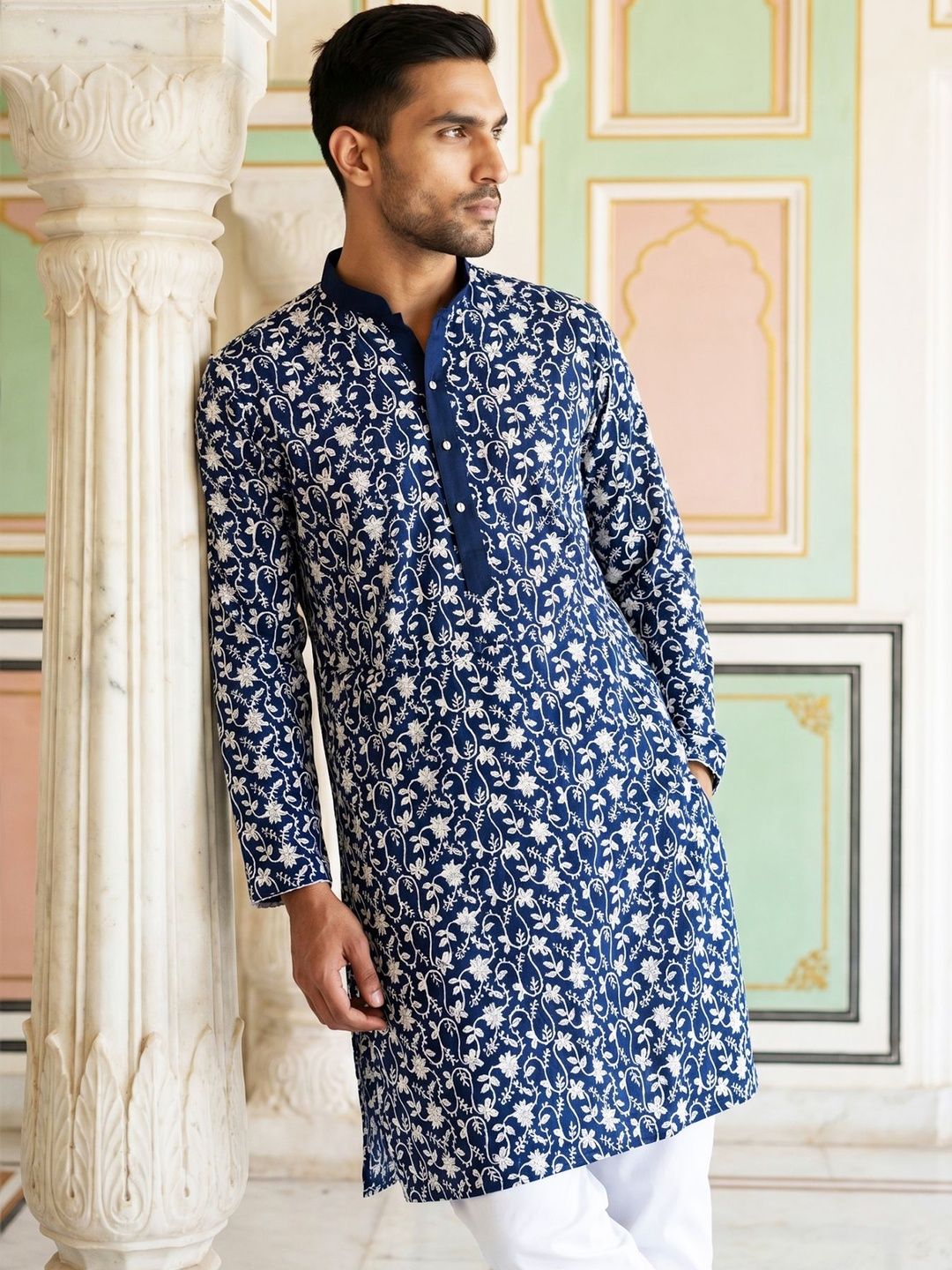 Jompers Men Floral Embroidered Thread Work Indie Florals Kurta