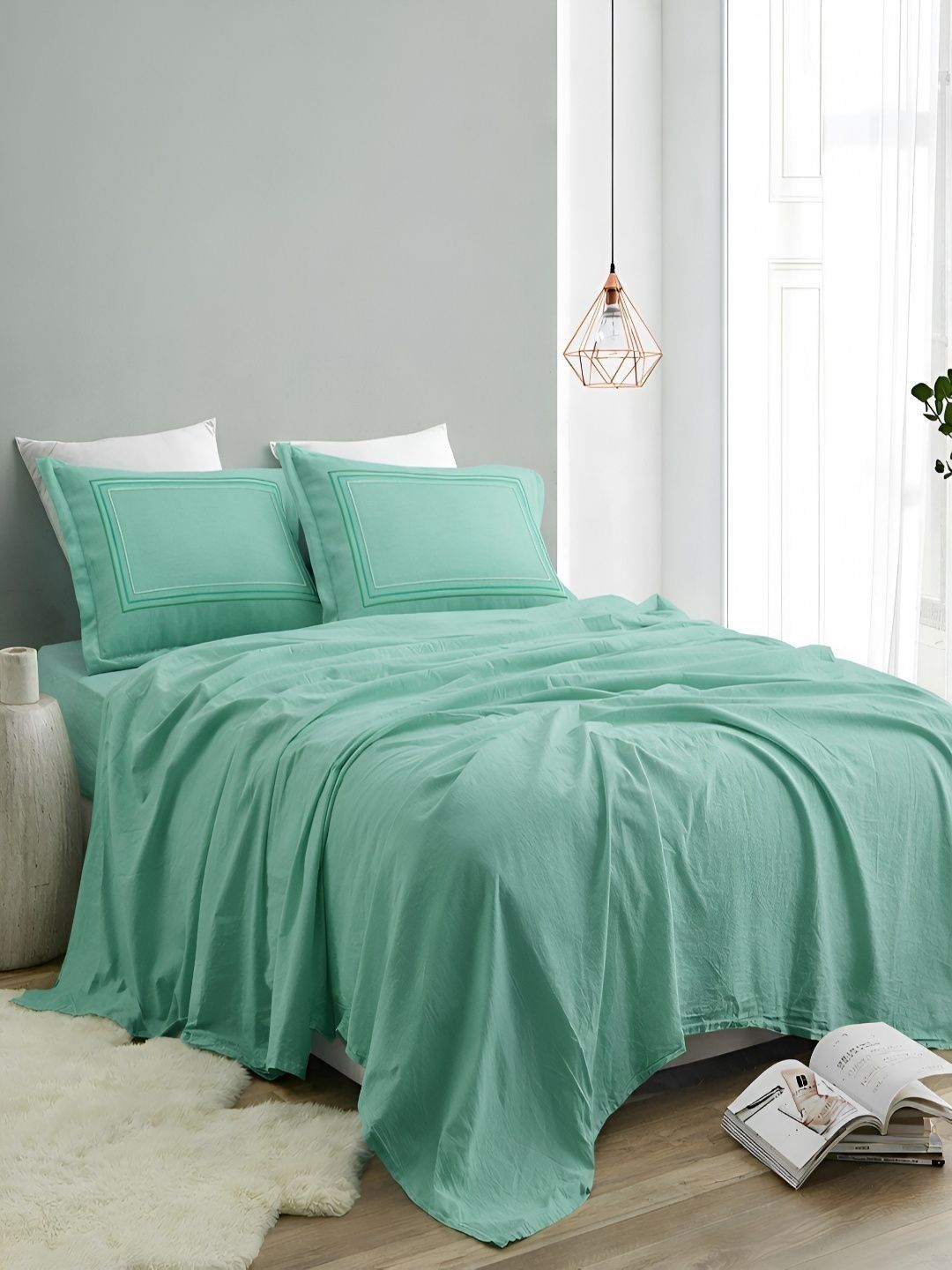 Sangria Sangria Teal Pure Cotton Soft Feel 350 TC Super King Superfine Bedsheets