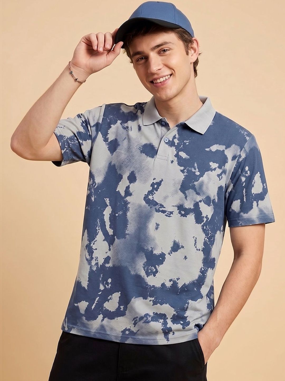 HERE&NOW Men Tie and Dye Dyed Polo Collar T-shirt