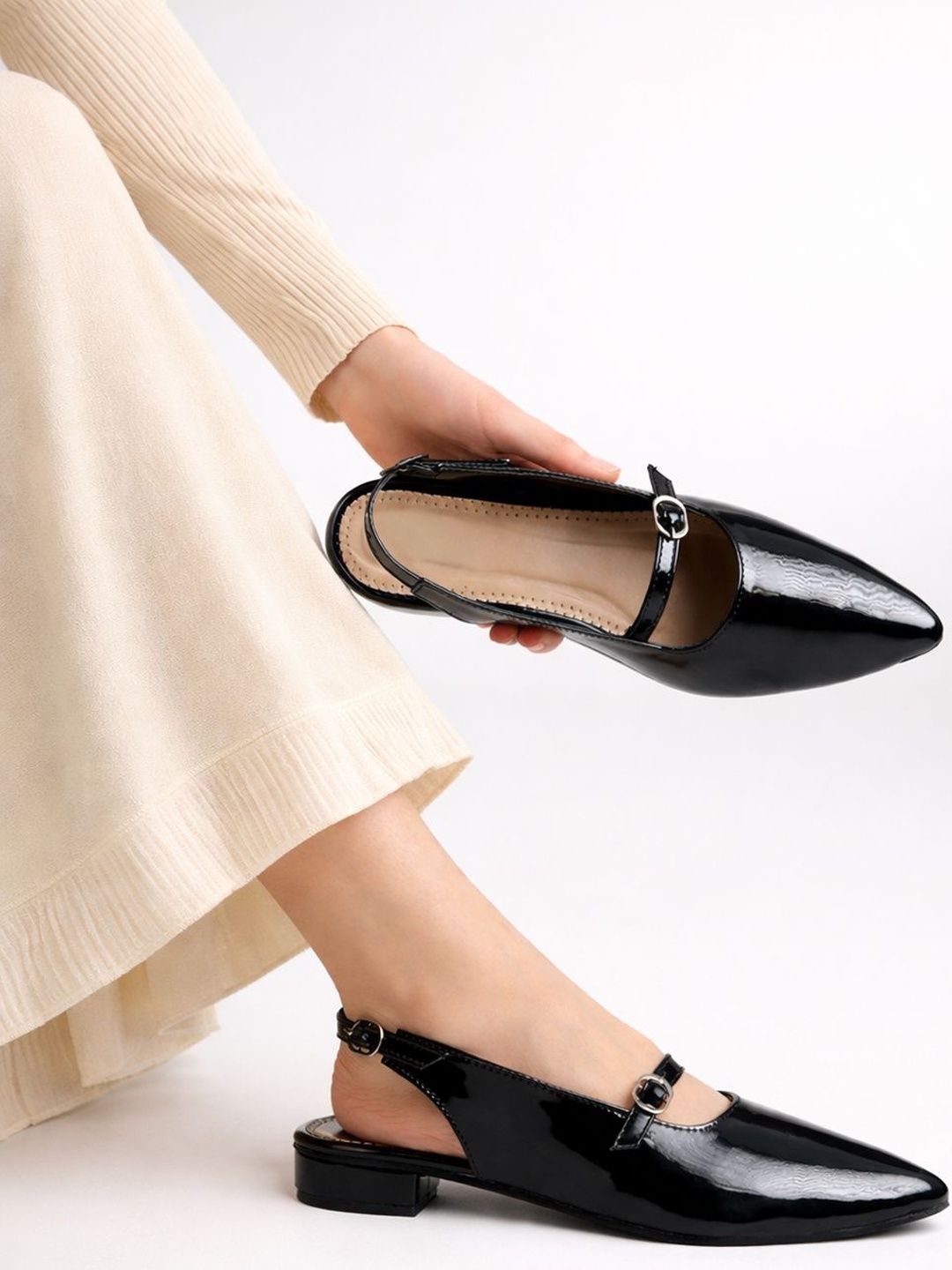 Stylestry Women Pointed Toe Buckle Ballerinas