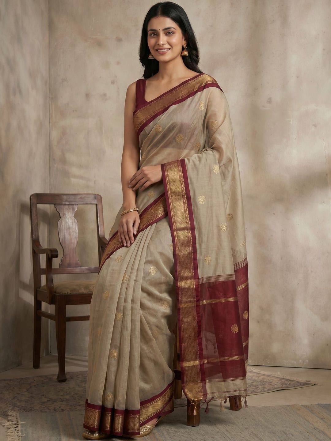 S A creations Ethnic Motifs Woven Design Zari Pure Cotton Kanjeevaram Saree
