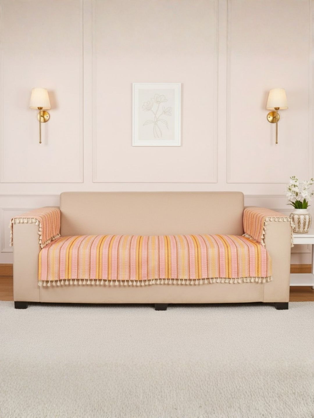 STITCHNEST STITCHNEST Pink Geometric Jacquard Washable Straight 3 Seater Sofa Cover-68x30In