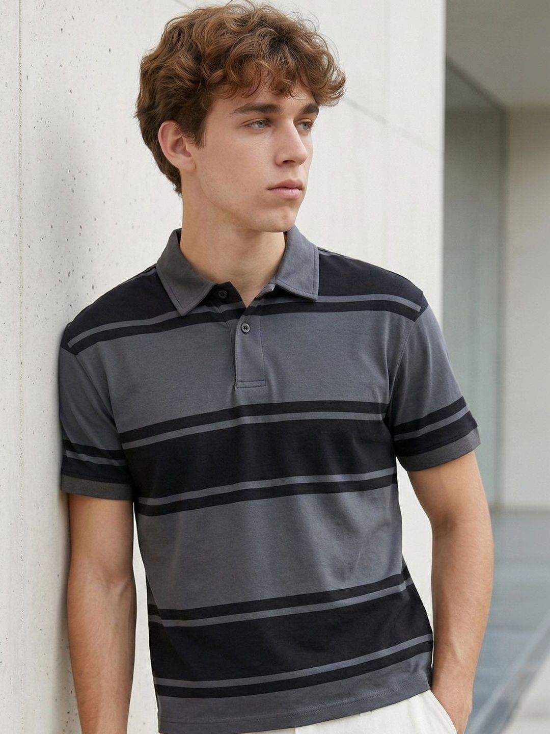YONGE Men Striped Polo Collar T-shirt