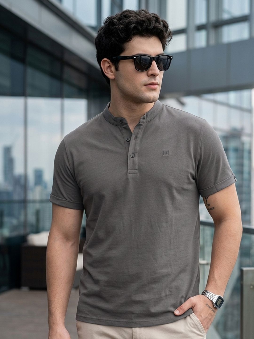 Urbano Fashion Men's Dark Grey Solid Mandarin Collar Slim Fit Half Sleeve Cotton T-Shirt