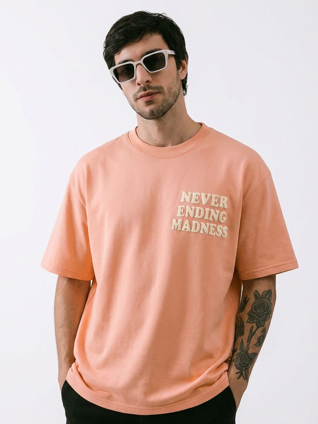 TOXA Men Oversized Typography Peach Tshirt