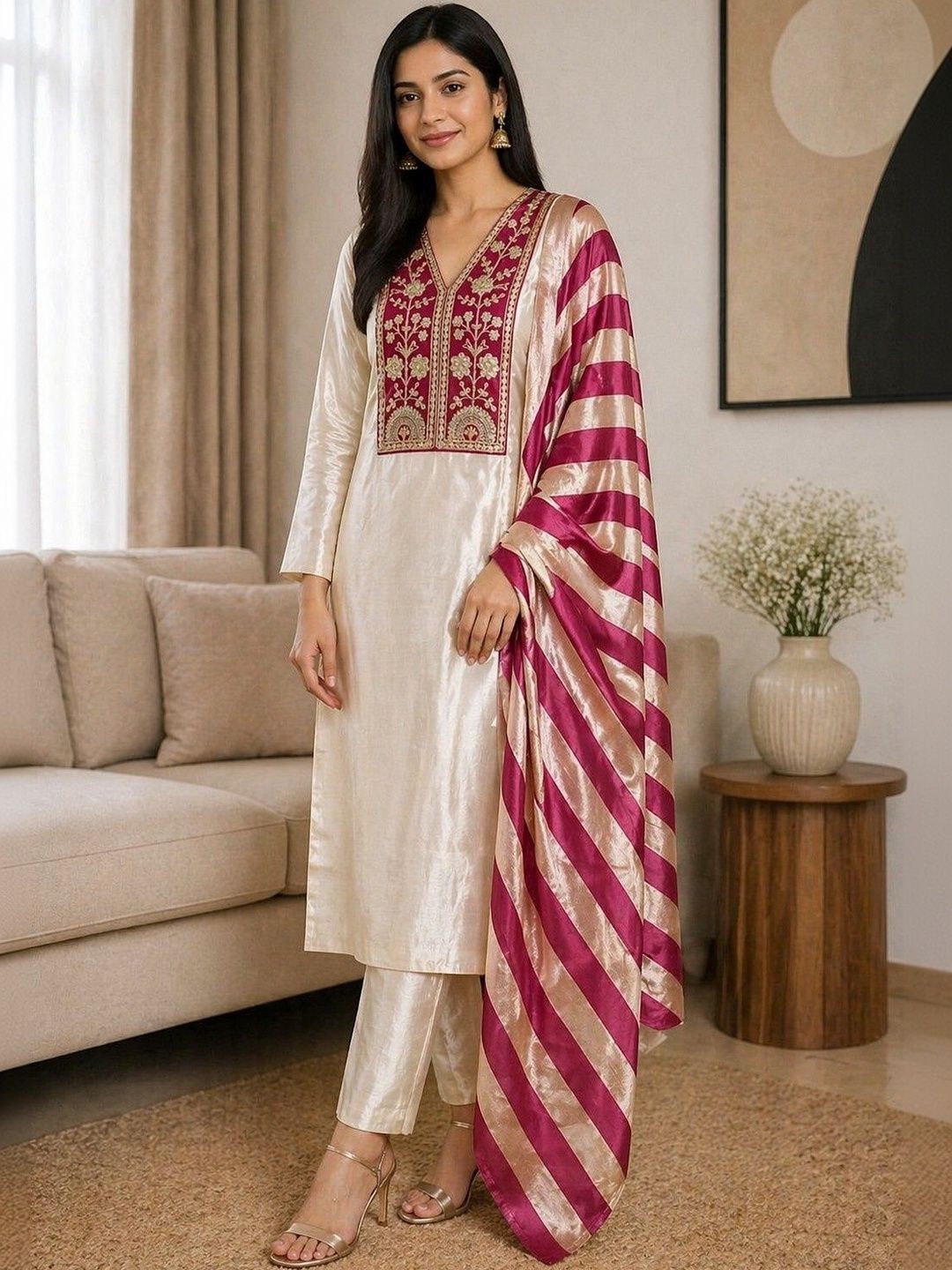 Chandbaali Chandbaali Women Ethnic Motifs Embroidered Regular Thread Work Kurta with Trousers & With Dupatta