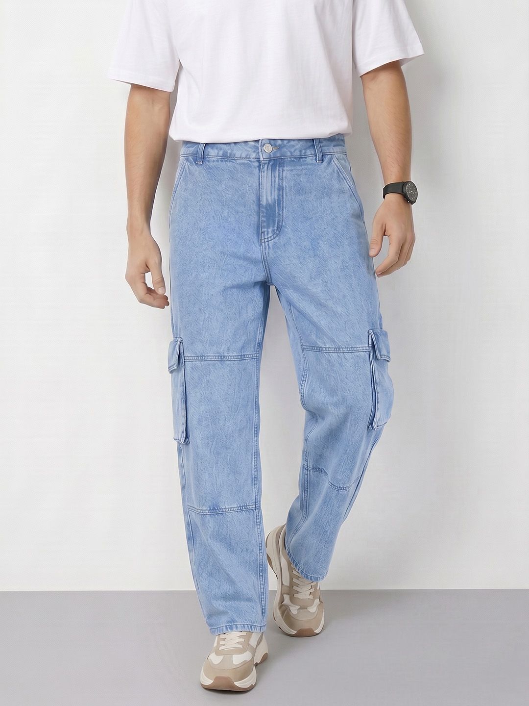Mast & Harbour Men Relaxed Fit Cargo Style Pure Cotton Jeans