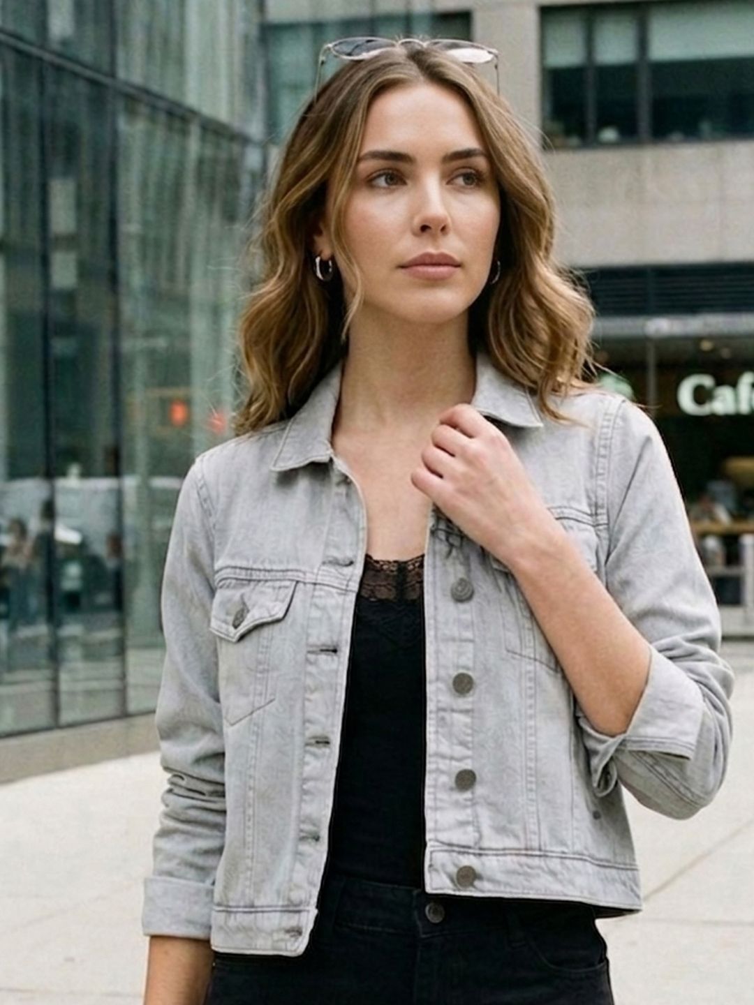Urbano Fashion Women Light Grey Regular Fit Washed Full Sleeve Denim Jacket