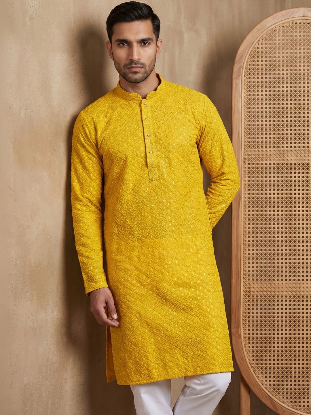 House of Pataudi Embroidered Mandarin Collar Knee Length Straight Kurta