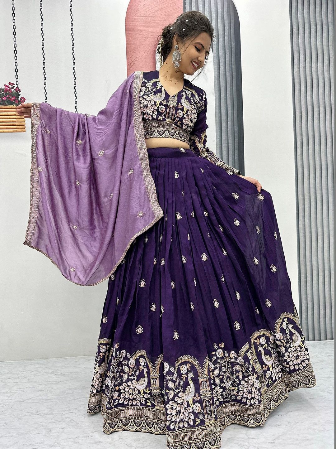 SIDDESHWARY FAB Embroidered Thread Work Semi-Stitched Lehenga & Blouse With Dupatta
