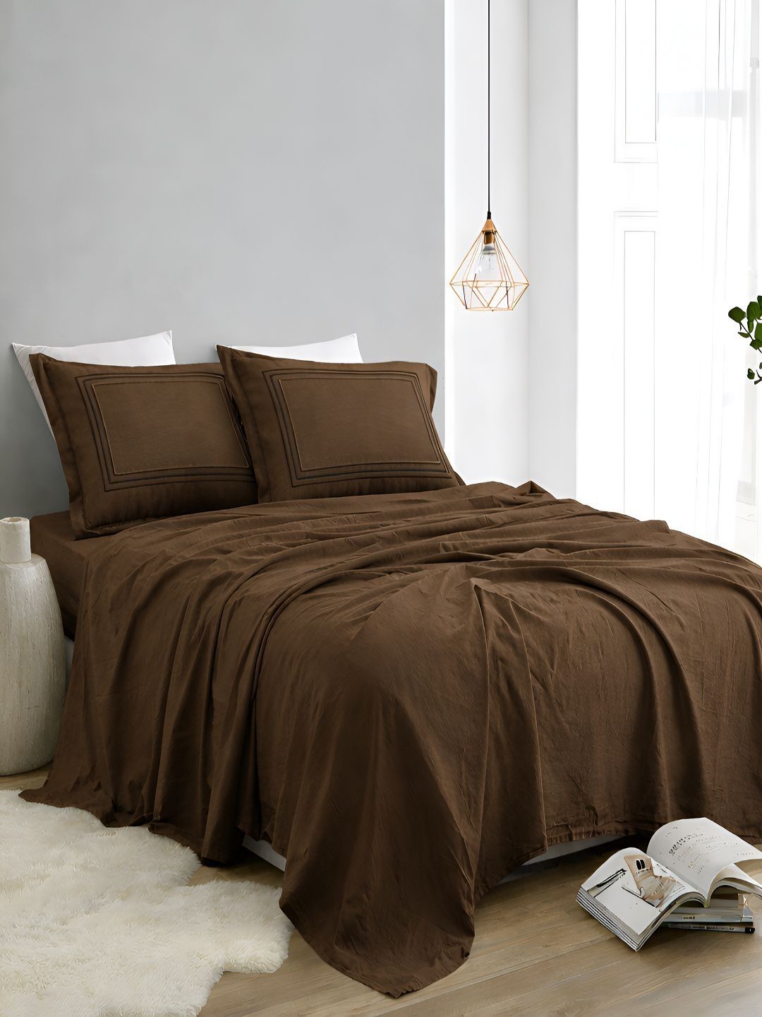 Sangria Sangria Brown Pure Cotton Soft Feel 350 TC Super King Superfine Bedsheets