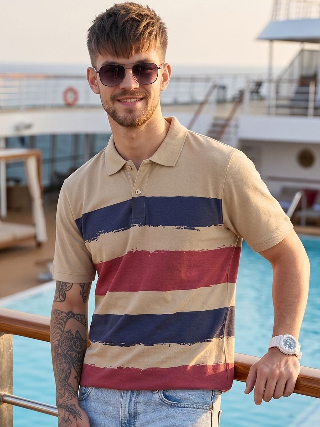 HERE&NOW Men Striped Polo Collar T-shirt