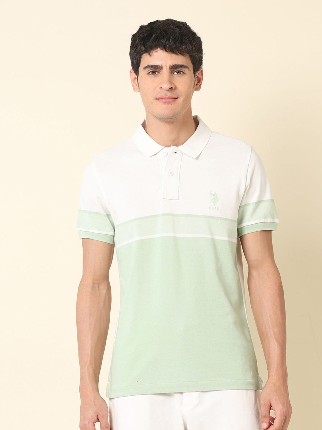 U.S. Polo Assn. Men Colourblocked Polo Collar Pure Cotton Slim Fit T-shirt