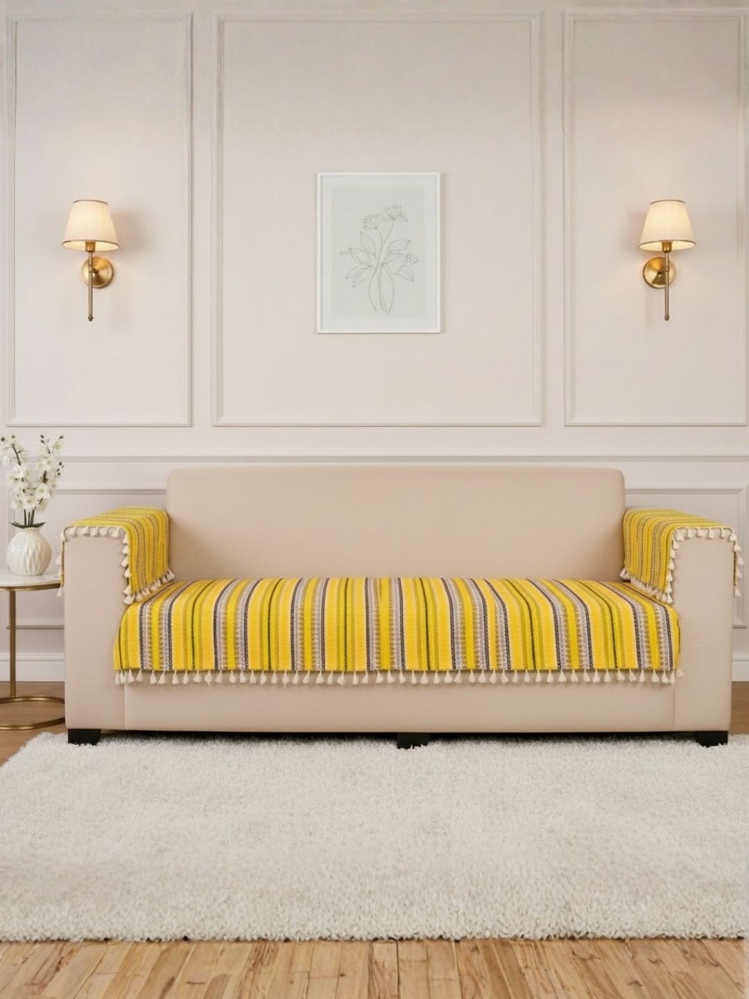 STITCHNEST STITCHNEST Set of 1 Yellow & White Printed 24" x 30" Sofa Protector