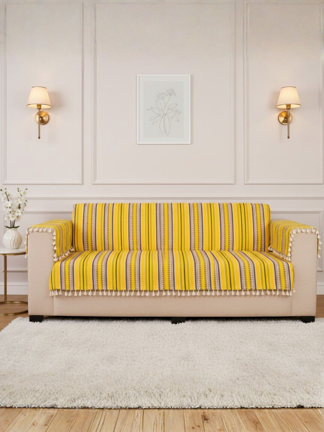 STITCHNEST STITCHNEST 2 Seater Yellow & White Woven Seat Cover