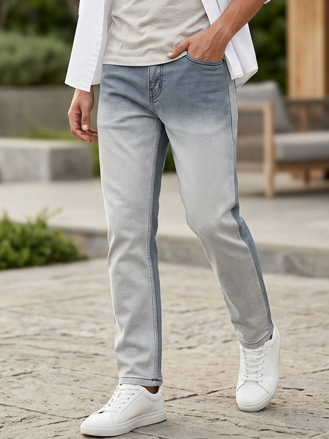 Urbano Fashion Men Grey Straight Fit Heavy Washed Faded Denim Stretchable Jeans