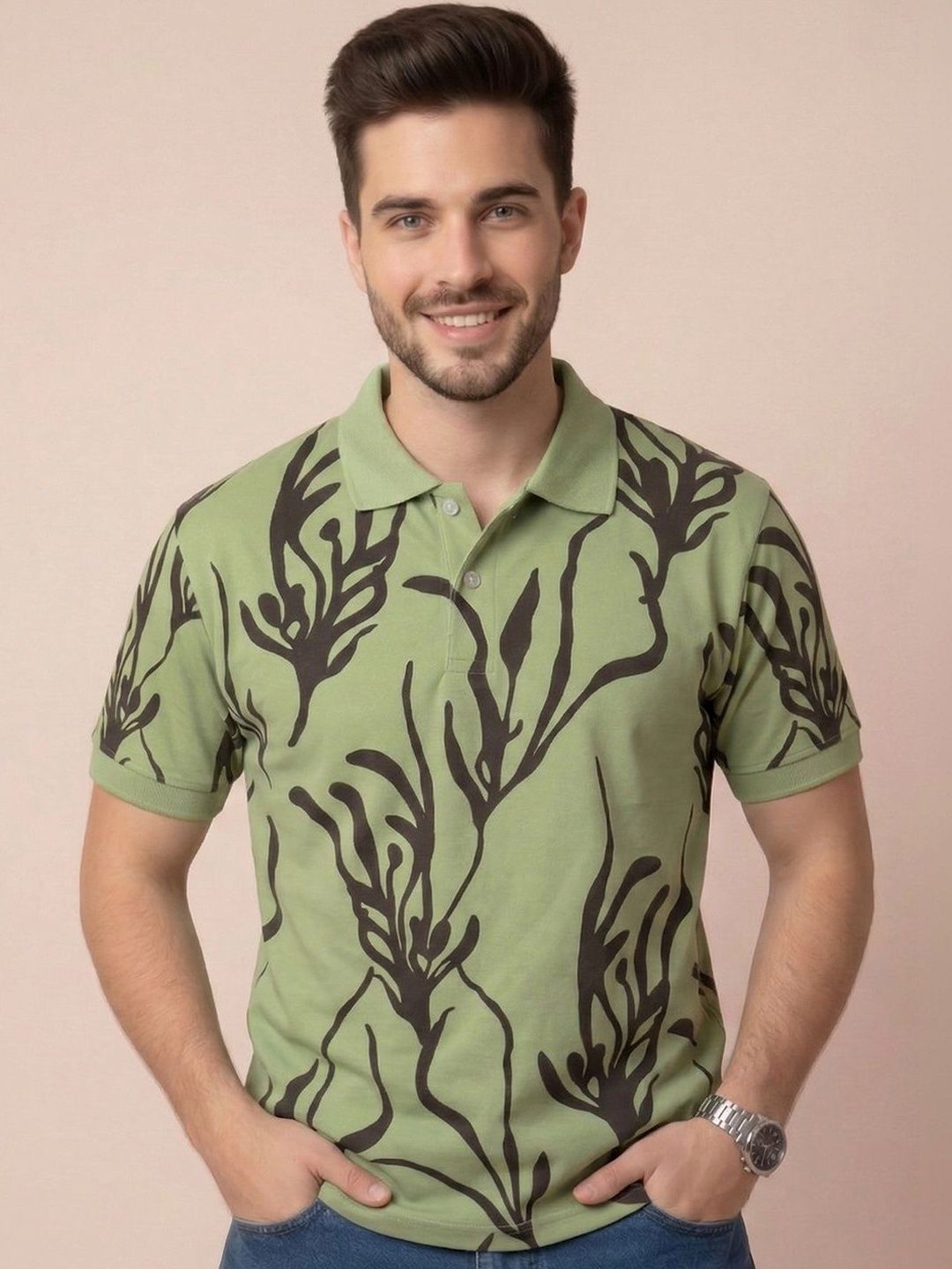 ALWAYS SHINE Men Floral Printed Polo Collar Tropical T-shirt