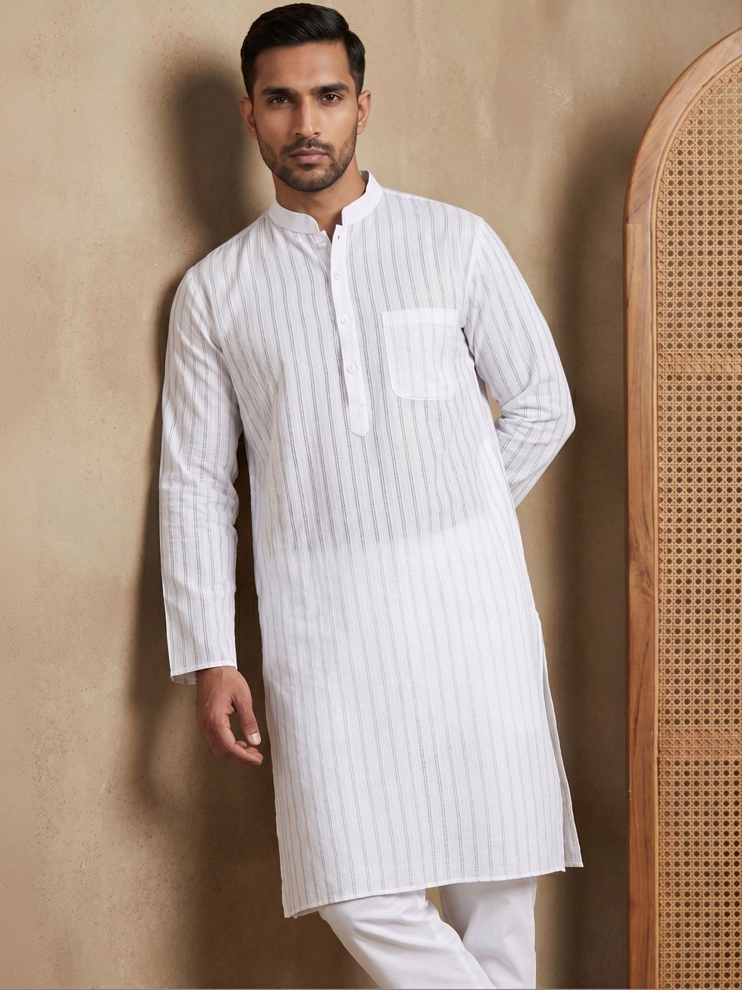 House of Pataudi Striped Mandarin Collar Knee Length Straight Kurta