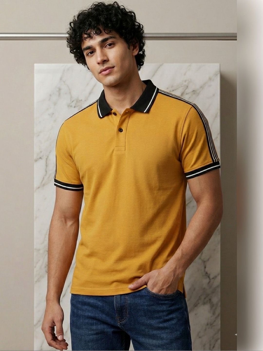 STEVE STATUS Men Striped Polo Collar T-shirt