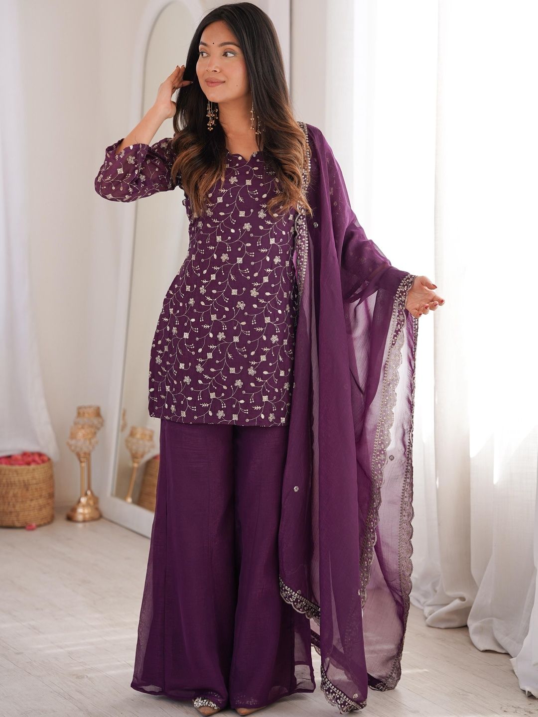SAJAVAT ETHENIC WEAR SAJAVAT ETHENIC WEAR Women Ethnic Motifs Embroidered Regular Thread Work Kurta with Palazzos & With Dupatta